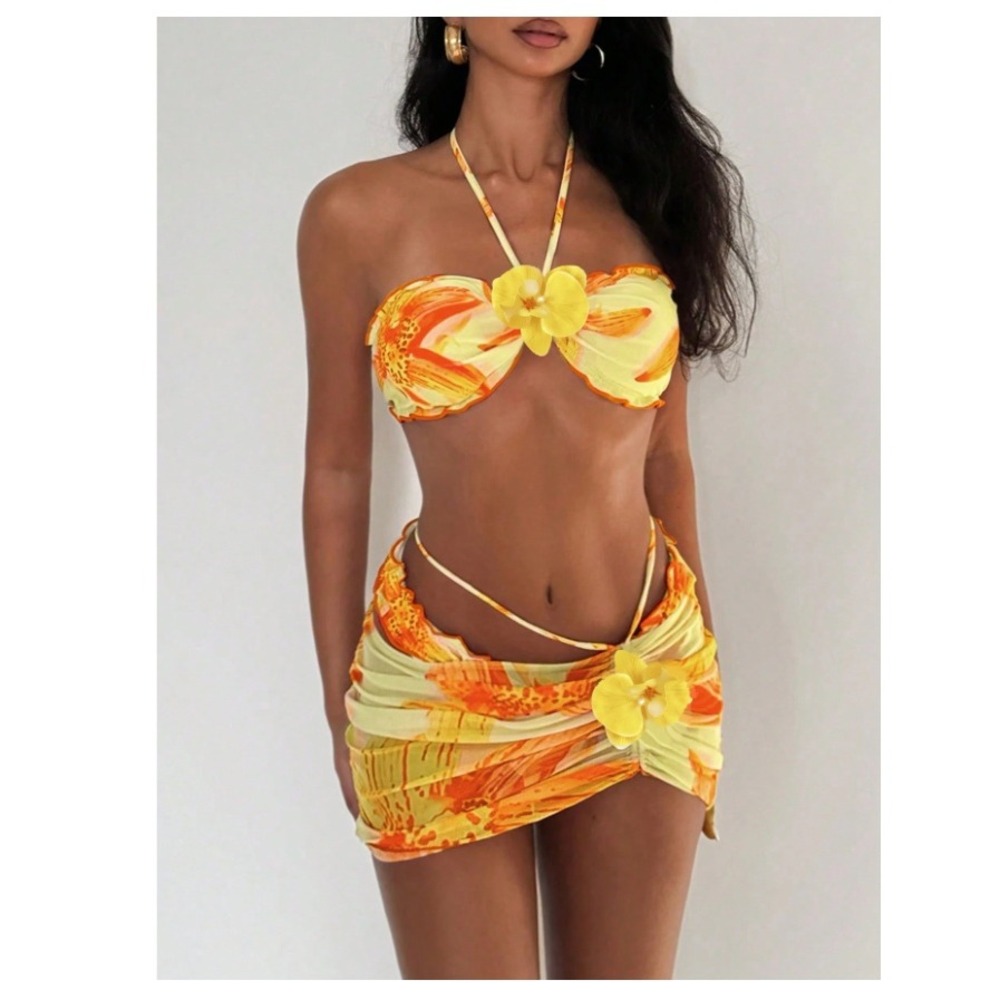 Tropical Floral 3-Piece Bikini Set with Sarong Yellow Orange Size XS
